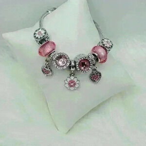 Pink Flower Pendant Charm Bracelet